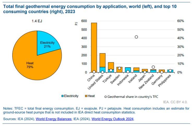 Geothermal consumption in top countries IEA report