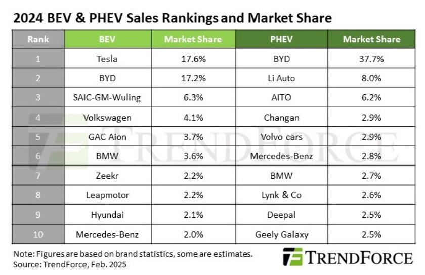 EV market share of major vehicle brands 2024
