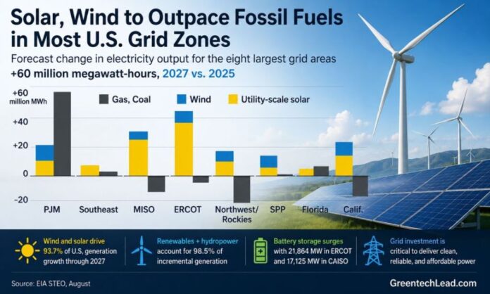 Solar and wind in US power grid zones