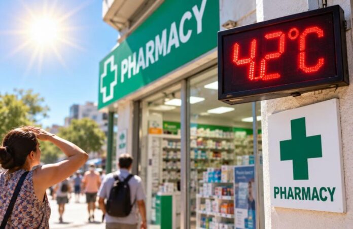 A pharmacy displays a temperature of 42 degrees Celsius during heat wave