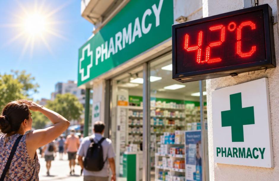 A pharmacy displays a temperature of 42 degrees Celsius during heat wave