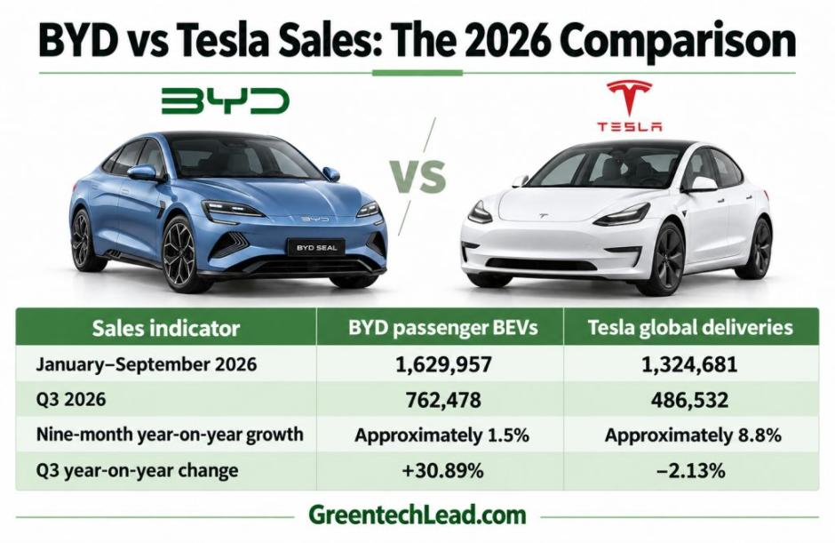 BYD vs Tesla EV sales 9-months of 2026