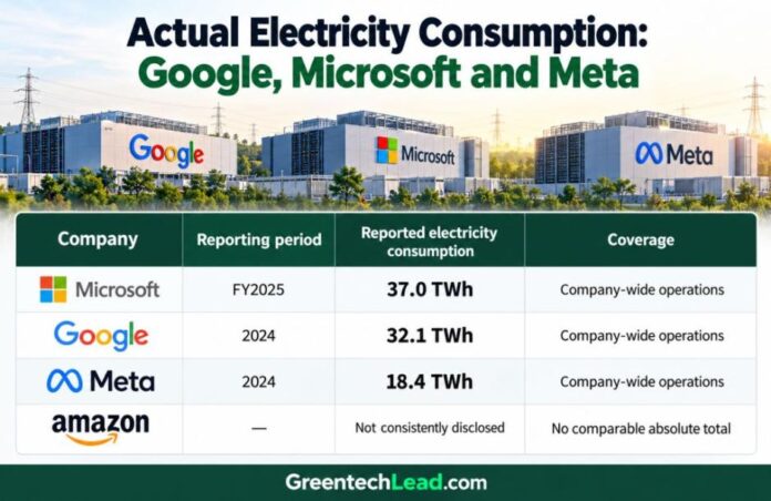 Google, Microsoft and Meta Actual Electricity Consumption