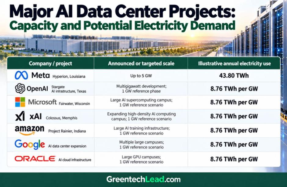 Major AI Data Center Projects Capacity and Potential Electricity Demand